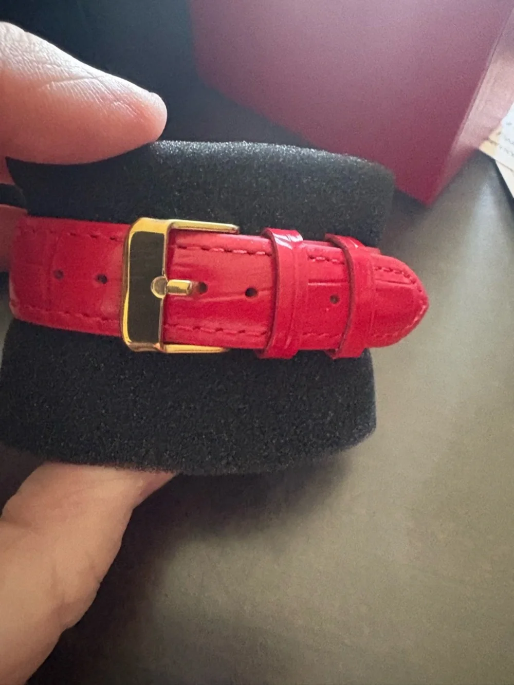 Peugeot Gold-Tone Square Watch with Red Strap